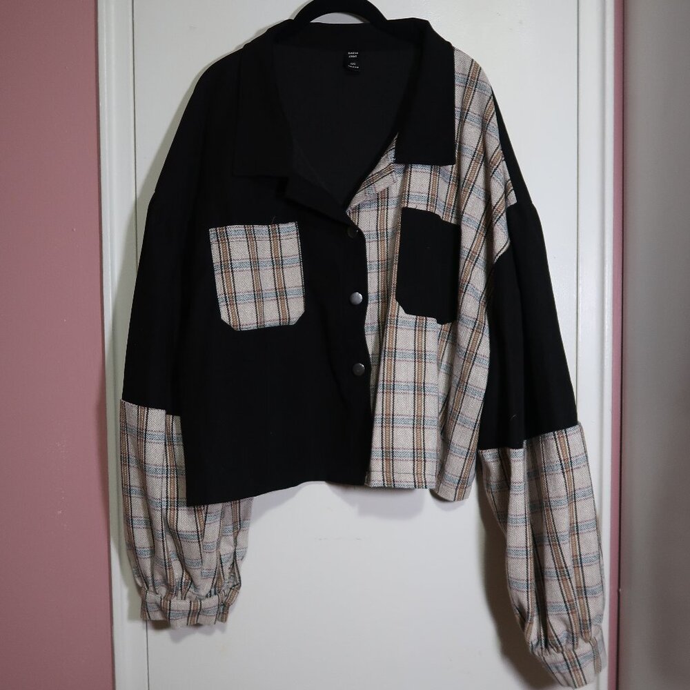 SHEIN EZwear Plus Corduroy Plaid Panel Drop Shoulder Jacket